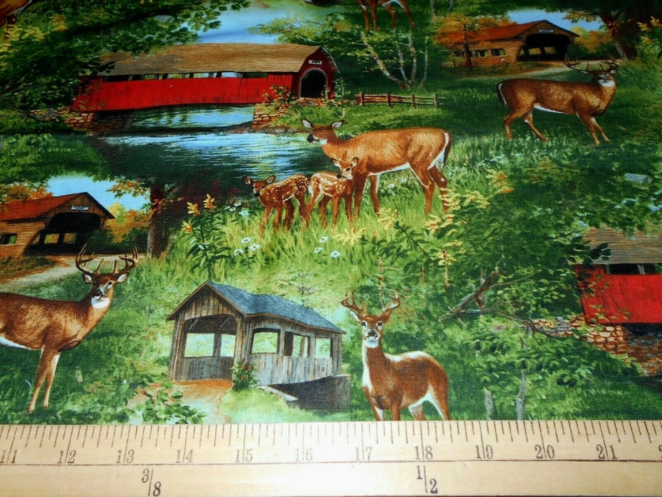24"  Covered Bridge Deer Scenic  Fabric - Image 1 of 1