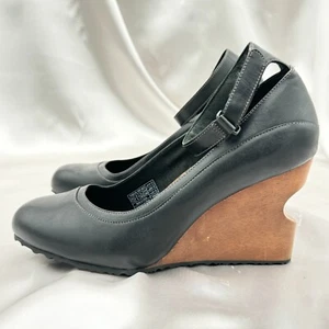 Tsubo Black Leather Slip On Ankle Hook Wrap Platform Wedge Heels 7.5 M - Picture 1 of 20