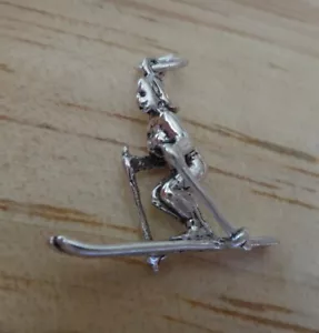 3D 22x20mm Frau Mädchen Schnee Skifahrer Skistöcke Sterlingsilber Charm - Bild 1 von 6