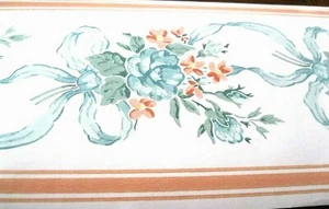 Wallpaper Border Light Blue Ribbon Bow Bouquet Peach White Cottage Wall 5557 - Picture 1 of 2
