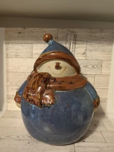 12" Ceramic Pottery Snowman Blue Glazed Jolly Round Snow Person Winter Figurine - Picture 1 of 6