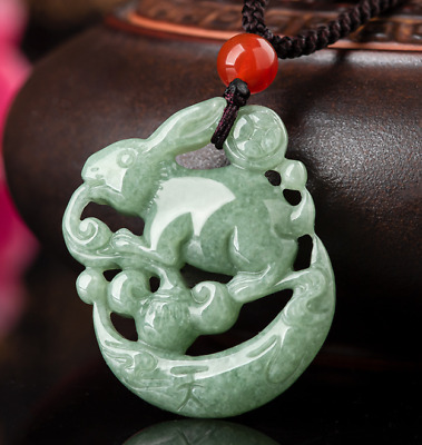 100% Pure Natural A Jadeite Jade Hand-carved Rabbit Moon Amulet Pendant C72 • 6.97£