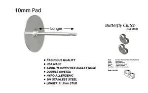 10mm Pad LONGER 11.1 mm Stud USA Surgical Stainless Steel - Clutch Options - LON - Picture 1 of 35