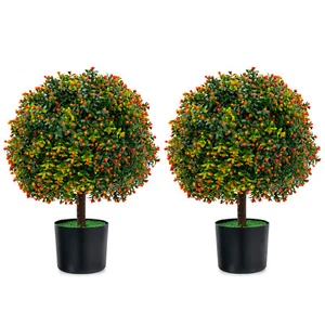 22" Artificial Boxwood Topiary Ball Tree 2-Pack Faux Potted Plant w/Orange Fruit - Picture 1 of 10