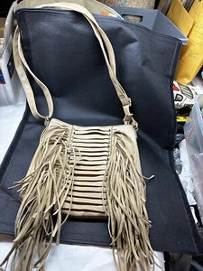 Crossbody  Soft Leather Fringed Beige/Taupe Zippered W/Pocket Purse, - Picture 1 of 22