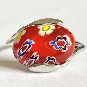 Murano Art Glass Cocktail Ring Size 6 Red Blue Millefiori Flowers Silver Plated - Picture 1 of 8