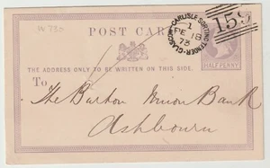 1873 GLASGOW CARLISLE SMISTAMENTO TENDER DUPLEX BOFS 1/2d CARTOLINA CANCELLERIA AD ASHBOURNE - Foto 1 di 2