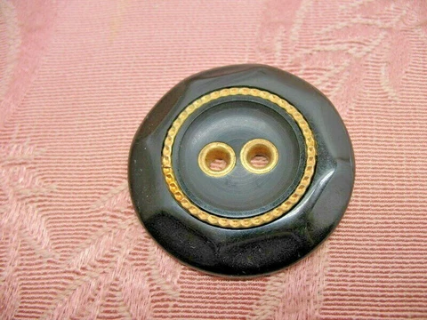 Vintage HUGE 2" BAKELITE BLACK BUTTON WITH METAL CUT STEEL INSETS BUTTONS Cover
