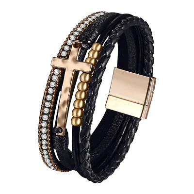 Men Women Multilayer Tree of life Cross Magnetic Bracelet Boho Beaded Bangle 8" - Image 1 of 4