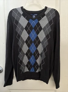 EUC Basic Editions Men's Navy Blue Sweater Argyle Geometric V-Neck Size Small - Picture 1 of 8