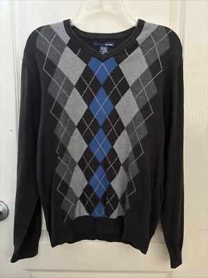 Suéter masculino azul marinho Argyle geométrico gola V edição básica em excelente estado usado tamanho pequeno - Imagem 1 de 4