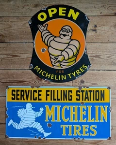 2 x MICHELIN MAN ENAMEL ADVERTISING SIGNS Plaque Metal Car Garage Display Decor - Foto 1 di 17