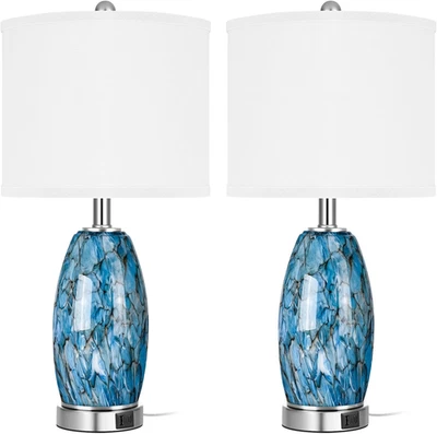 现代沿海台灯 23 英寸高蓝色灰色手工艺术玻璃床边 — 第 1/4 张图片