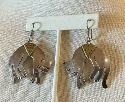 STERLING SILVER BRASS Large TV-13 Taxco CAT EARRINGS Hook - Image 1 of 4