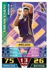✺New✺ 2016 2017 KOLKATA KNIGHT RIDERS IPL Cricket Card UMESH YADAV Topps Attax
