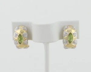 14k Yellow Gold Natural Peridot and Diamond Dangle Drop Earrings Omega Back - Picture 1 of 8