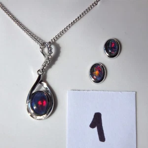 Genuine Australian Black Opal Triplets Set Necklace and Earrings 925 S Silver - Picture 1 of 35