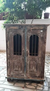 Reclaimed Wood Carved Cupboard Antique Finish Almirah Heavy Cabinet With Iron - Picture 1 of 11