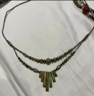 Hermoso collar vintage de piedra de jaspe cuentas tono plata cierre de tornillo Foto 1 de 4