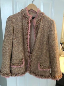 Dana Buchman Jacket Women Gold & Pink Pastel Size 6  Frayed Fringe Trim  Tweed - Picture 1 of 6