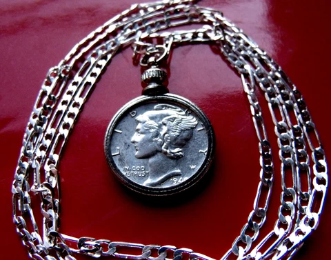 1940's  Original Antique SILVER MERCURY DIME on a 24" Sterling Silver Chain Cover