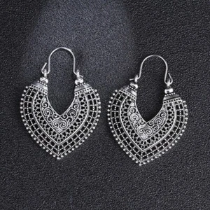 Trendy Silver Plated Heart Ethnic Tribal Aztec Hippy Boho Hoop Earring for Women - Picture 1 of 6