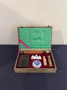 Chinese Calligraphy Box Set Ink Brushes Stamp Inkstone Brush Rest - Picture 1 of 10