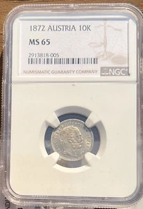 1872 Austria Silver 10 Kreuzer Joseph I MS-65 NGC MS 65 Gem BU - Picture 1 of 4