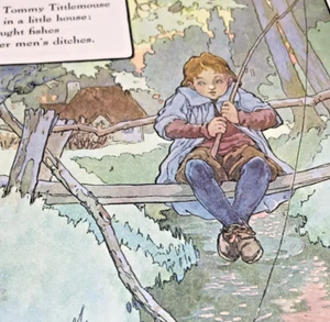 Vtg Tommy Titmouse Boy Fishing Bridge 1910s Mother Goose Print Wall Art 9x12" - Picture 1 of 14