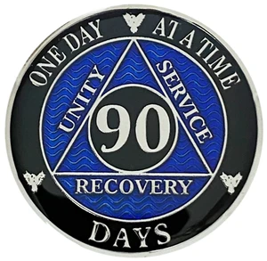AA 90 Days Blue, Silver Color Plated Coin, Alcoholics Anonymous Medallion - Imagen 1 de 2