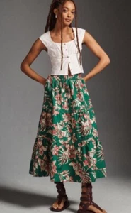 Anthropologie The Somerset Maxi Gonna a Livelli Misto Floreale Verde Rosso Motivo XS NUOVA - Foto 1 di 5