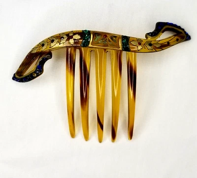 Peine de pelo grabado en baquelita con caparazón de tortuga con pedrería curvado de colección leer Foto 1 de 4