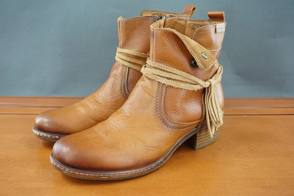 Pikolinos Boots Womens Size 37 Brown Leather Ankle Western Tassel Zip Block Heel - Image 1 of 4