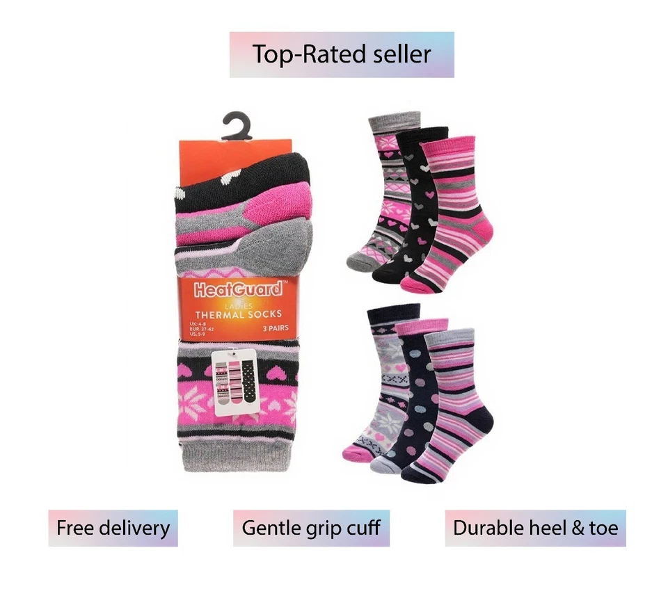 Calcetines térmicos surtidos de copo de nieve/rayas para damas de Heatguard (Reino Unido 4-8) Foto 1 de 1