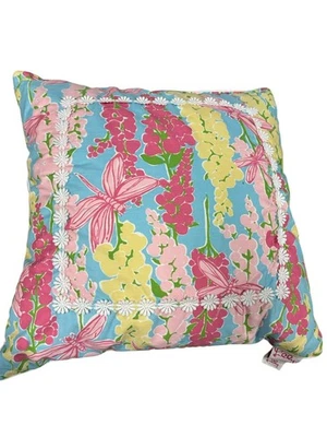 Lilly Pulitzer Throw Pillow Snappy Dragonfly Floral 18” Square Pink Blue Yellow - Image 1 of 4