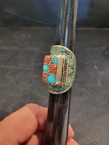 VTG 1970s Handcrafted Tibetan Nepali Ring Turquoise & Red Coral inlay size 8.75 - Picture 1 of 4