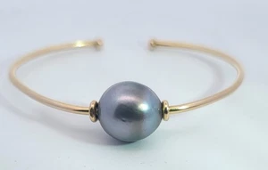 Brazalete MAZ Hecho a Mano Oro 14K y Redondo Tahití Negro Mar del Sur Perla 14mm - Imagen 1 de 12
