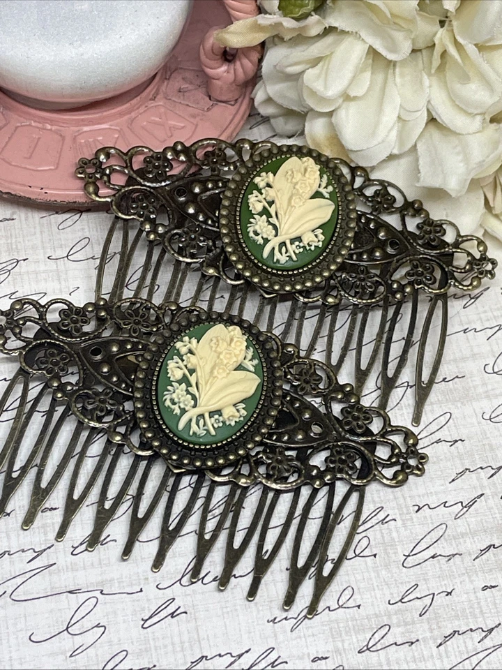 Pair Bronze Barrette Jewelry Hair Combs Cameo Lily Of Valley Green Wedding Gift - Image 1 of 4