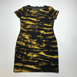 Michael Kors Dress Size S Half Zip Sheath Short Sleeve Yellow Black Tiger Print - Picture 1 of 14