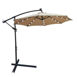 10 ft. Outdoor Patio Beach Market Solar Powered LED Lighted Umbrella in Tan with - Picture 1 of 6