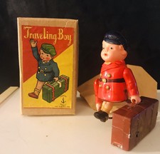 Vintage 1940s Occupied Japan Celluloid & Tin Traveling Boy Wind Up Toy In Box