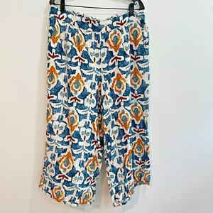 Christian Siriano Linen Wide Leg Crop Pants Womens 1X Blue Orange Bohemian Print - Picture 1 of 12