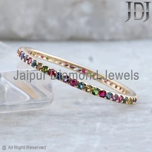 Eternity Band Ring Natural Multi Gemstone Solid 14k Yellow Gold Stackable Ring - Picture 1 of 14