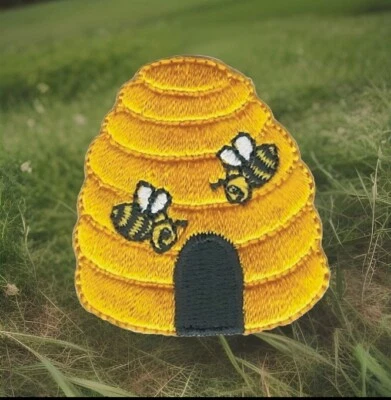 1 1/2" x 1 5/8" Yellow Bee Beehive Embroidered Patch - Image 1 of 2