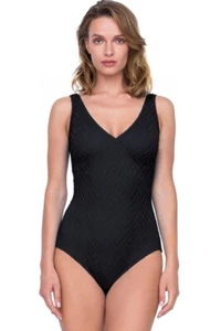 Gottex Swimsuit One-piece Woman's 10 Full Coverage Jazz Black Textured V-Neck - Picture 1 of 10