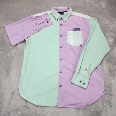 Camisa Columbia PFG Hombre Mediana Verde Púrpura Retazos Ventilados Rendimiento de Pesca Foto 1 de 4