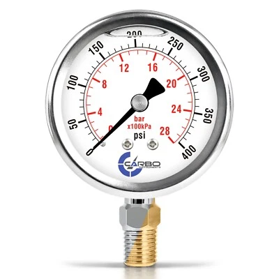 2-1/2" Pressure Gauge, Stainless Steel Case, Liquid Filled, Lower Mnt 400 PSI - Image 1 of 4