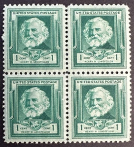 US 1940 Scott# 864 Block of 4 MNH OG Famous American Poet Henry W. Longfellow - Picture 1 of 2