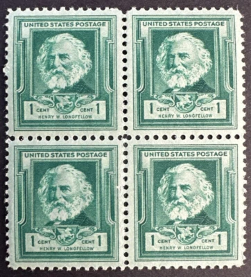 US 1940 Scott# 864 Block of 4 MNH OG Famous American Poet Henry W. Longfellow - Image 1 of 2