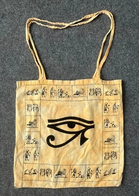 egyptian tote bag tie dye eye of horus spynx pyramid brown tan linen - Image 1 of 4